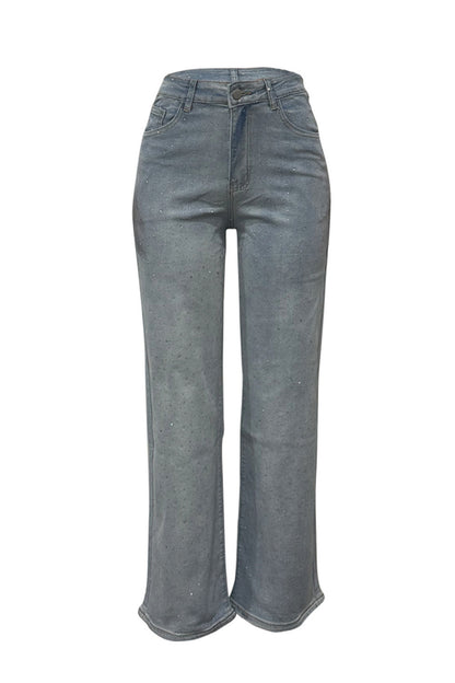 Wide-Leg High-Waist Rhinestone Jeans