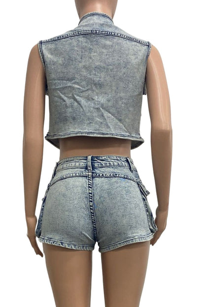 Denim Utility Vest & Stretch Shorts Set
