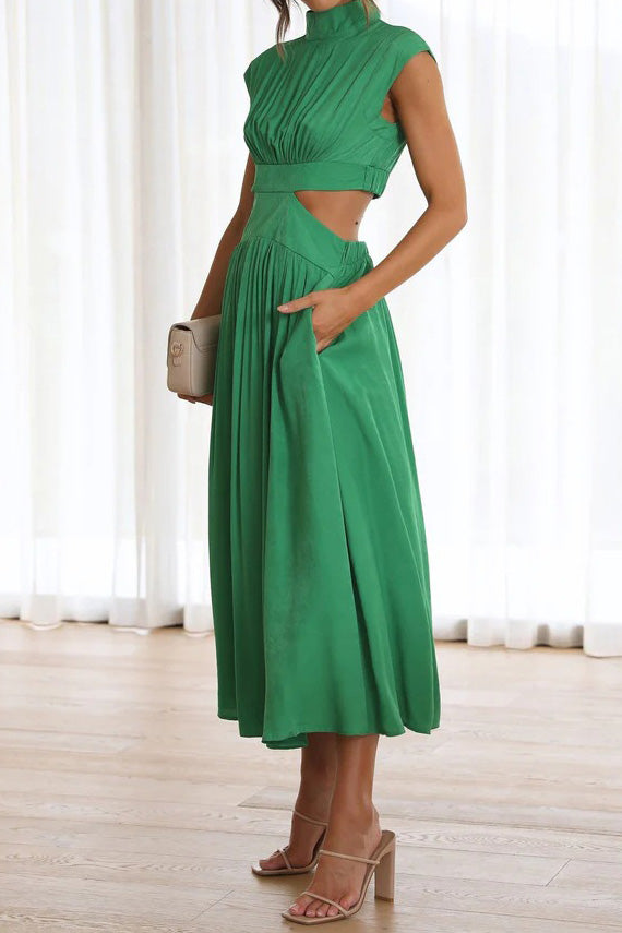Mock Neck Cut Out Pleated Maxi Dress