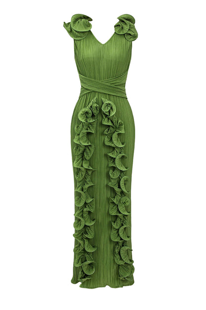 Ruffle 3D Floral V Neck Midi Dress
