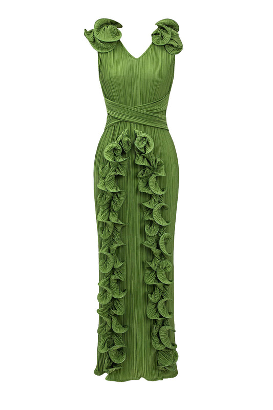 Ruffle 3D Floral V Neck Midi Dress