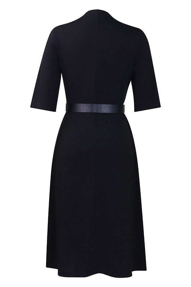 V-Neck Button Front Solid Color Midi Dress
