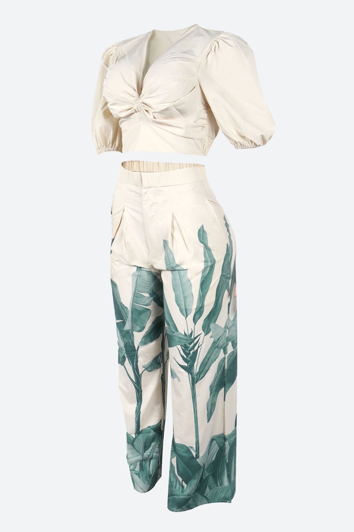 Printed V-Neck Wide-Leg Pants Set