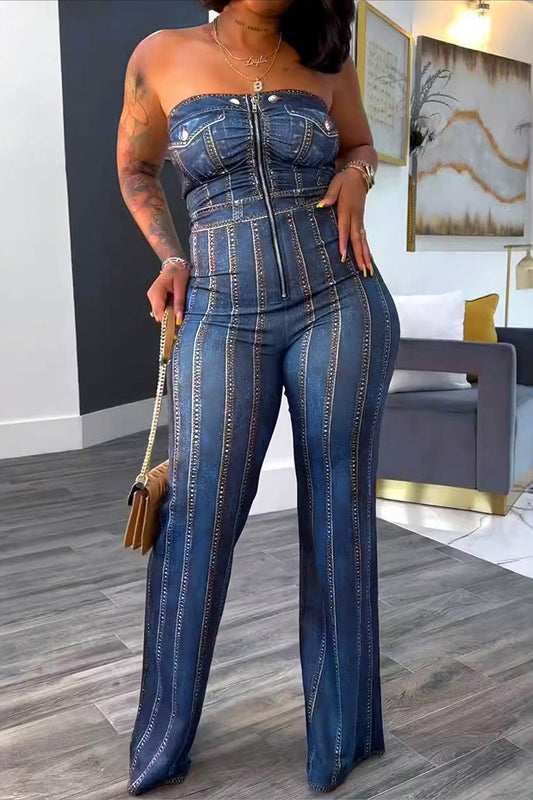 Denim Print Strapless Wide Leg Jumpsuit