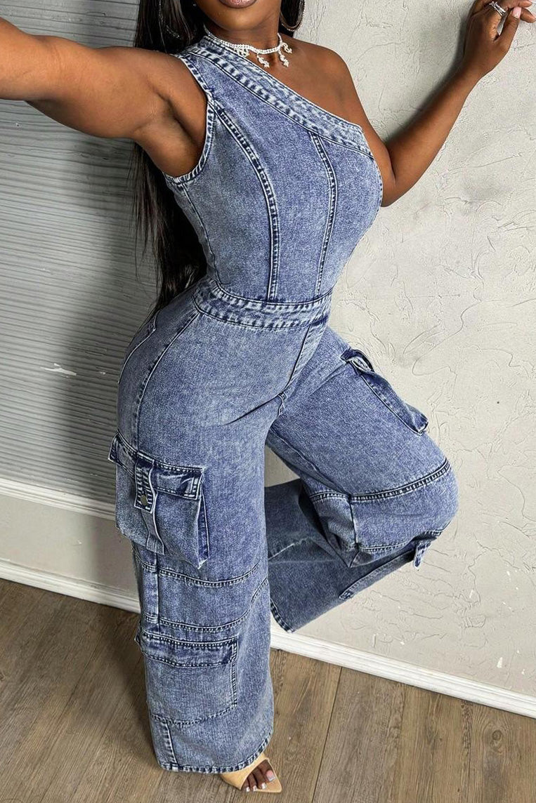 One Shoulder Stretch Denim Jumpsuit