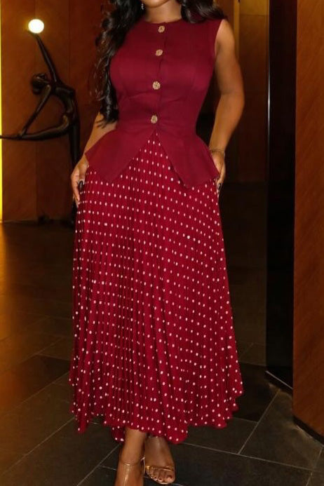Button Vest & Polka Dot Pleated Skirt Set