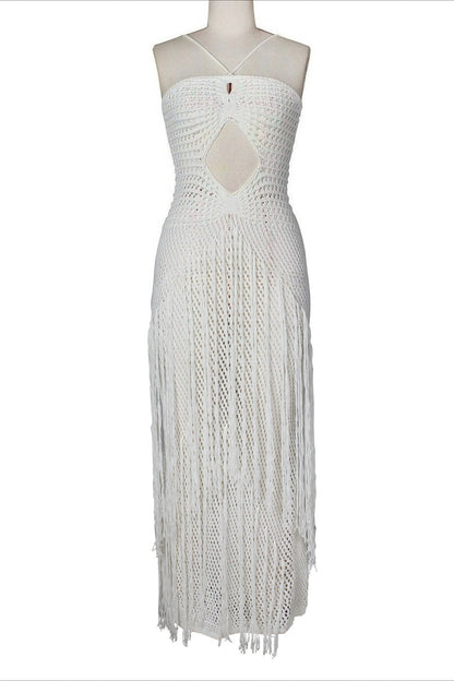 Boho Crochet Cutout Fringe Maxi Dress