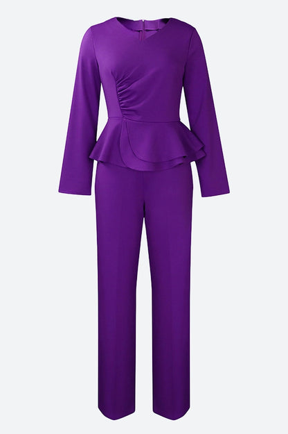 Solid Flounce V Neck Long Sleeve Sets