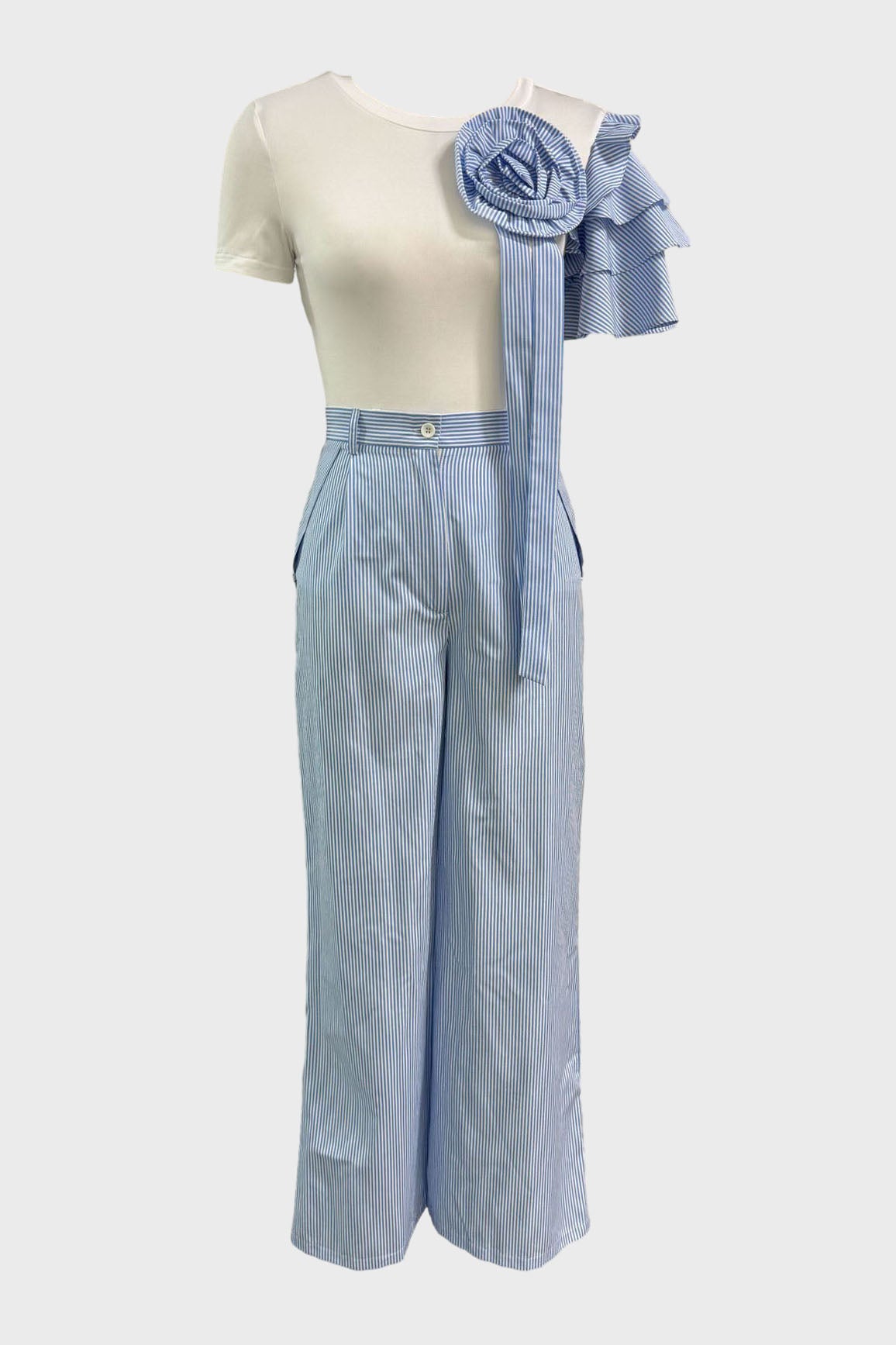 Single Ruffle Sleeve T-Shirt Striped Pants Set