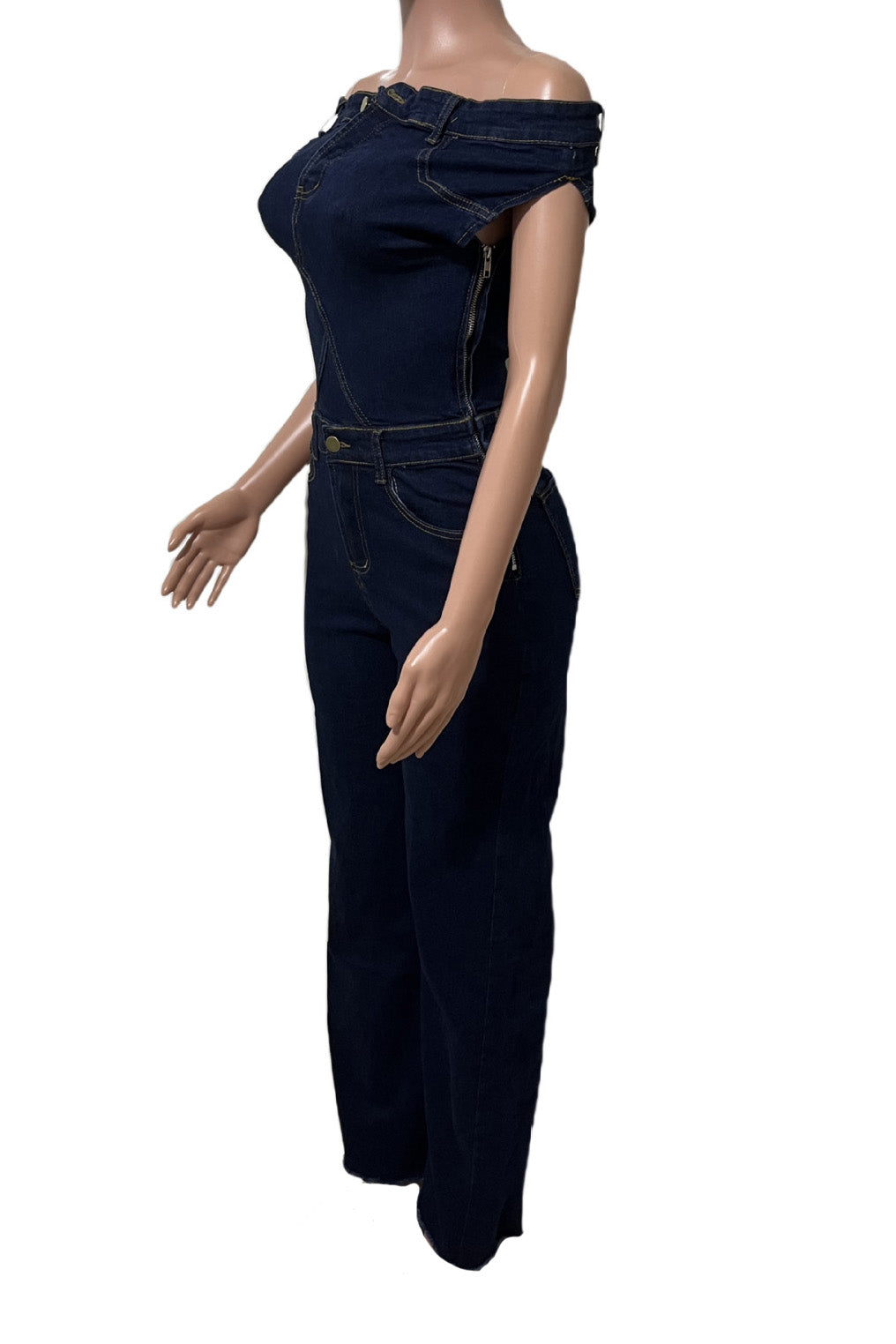 Strapless Off-Shoulder Fitted Denim Jumpsuit