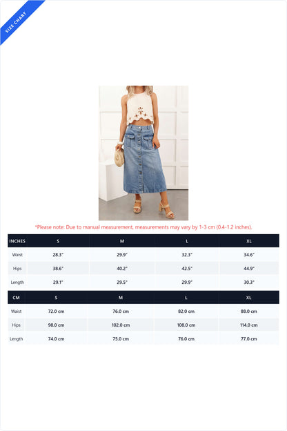 Button Front Cargo Denim Midi Skirt