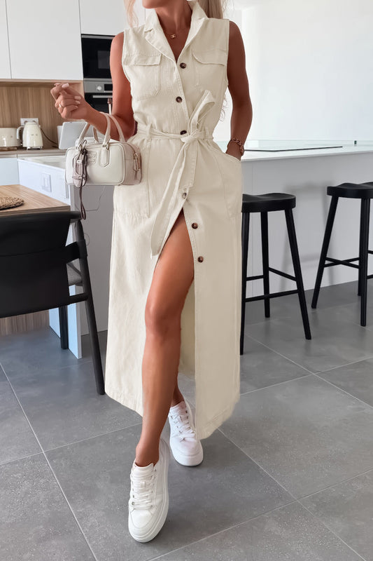 Sleeveless Belted Utility Maxi Shirt Dress