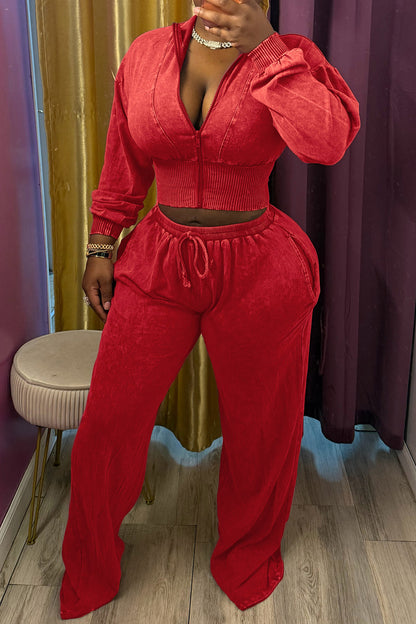 Washed Cropped Zip Jacket Wide Leg Pants Set