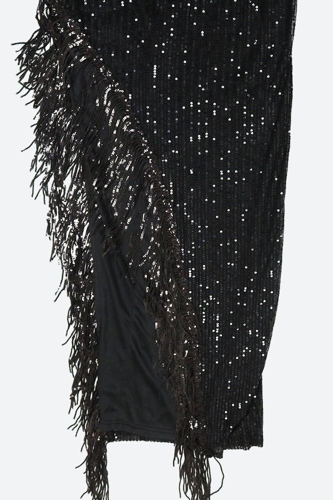 Halter Tassel Fringe Sequin Maxi Dress