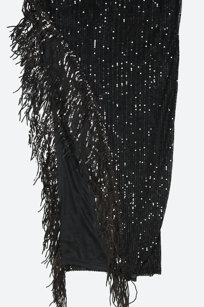 Halter Tassel Fringe Sequin Maxi Dress