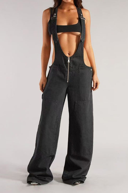 Vintage Wash Wide Leg Denim Overalls