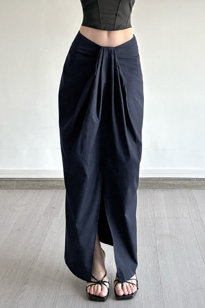 Solid Knot Front Slit Midi Skirt