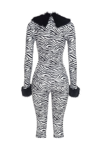 Zebra-Print Plush-Trim Capri Jumpsuit