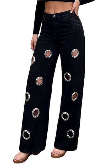 Oversized Grommet Cutout Wide Leg Jeans