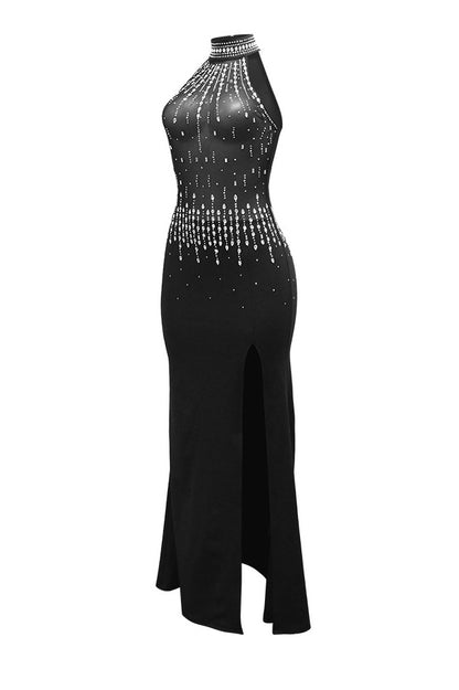 Rhinestone Sheer Halter Slit Maxi Gown