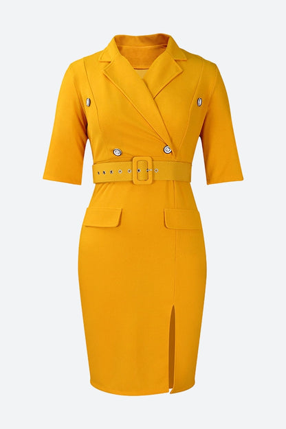 Solid Color Button Lapel Tight Dress
