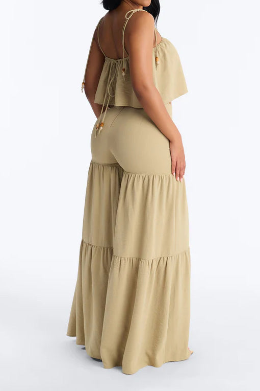 Tie-Strap Crop Top & Tiered Wide Leg Pant Set