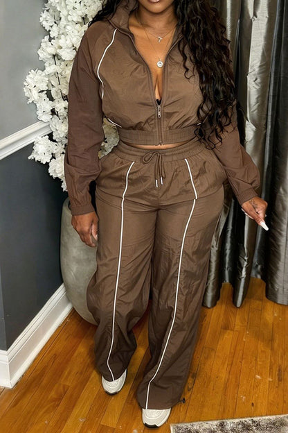 Zip-Front Piped Top & Wide-Leg Pants Set