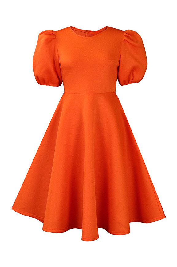 Round Neck Sleeve Slim Waist Swing A-Line Dress