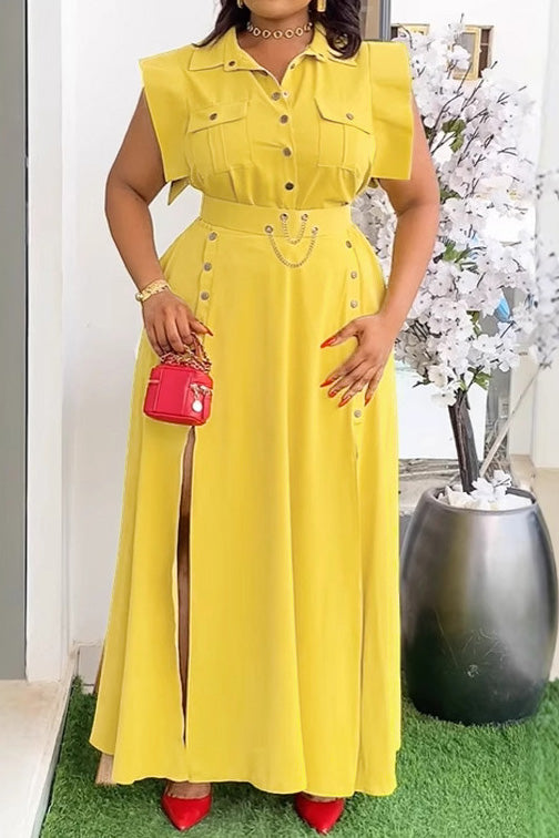 Solid Color Sleeveless Workwear Slit Dress Set