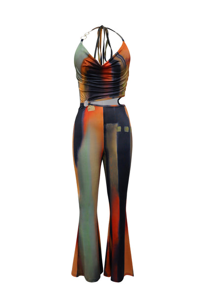 Cowl Neck Cutout Flared Jumpsuit