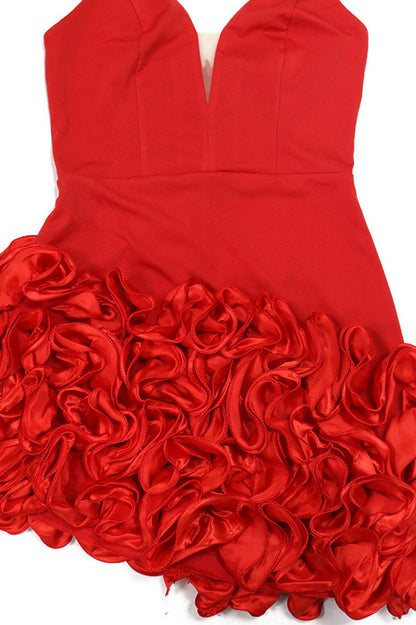 Plunging 3D Ruffle Asymmetrical Mini Dress