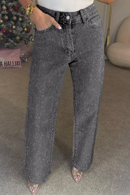 Wide-Leg High-Waist Rhinestone Jeans