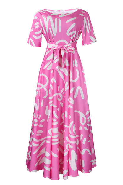 Tie-Waist Floral Print Short Sleeve Dress