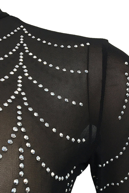 Rhinestone Long-Sleeve Sheer Maxi Dress