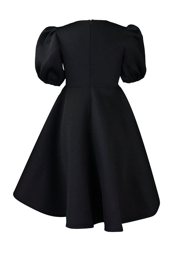 Round Neck Sleeve Slim Waist Swing A-Line Dress