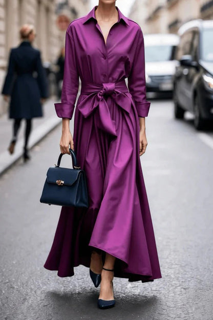 Button Up Bow Waist Long Sleeve Maxi Dress