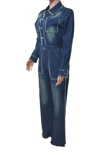 Raw-Edge Long Sleeve Stretch Denim Jumpsuit