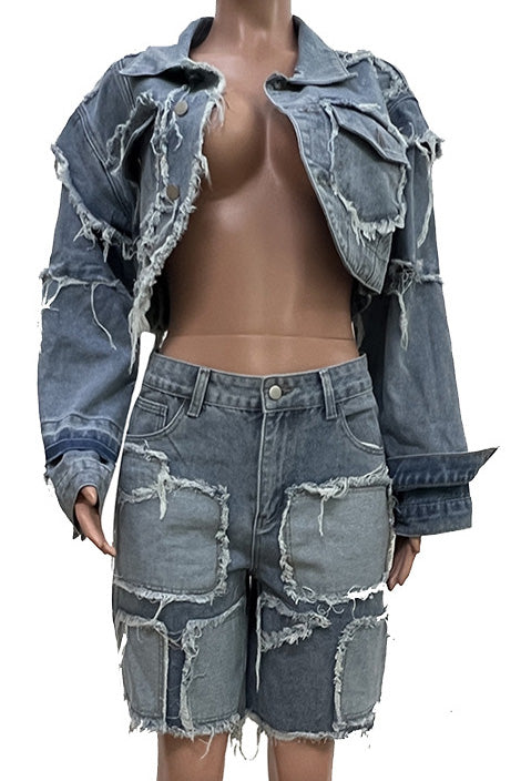 Vintage Washed Patchwork Denim Set