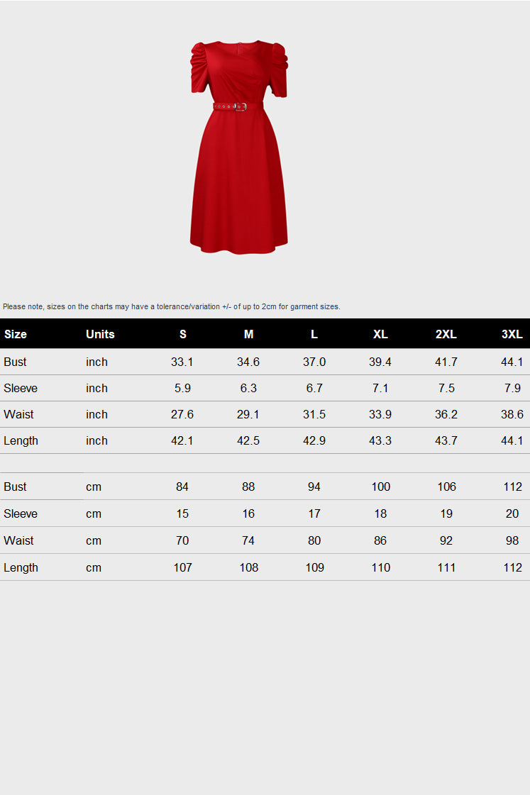 V Neck Short Puff Sleeves High Waist Midi Dress