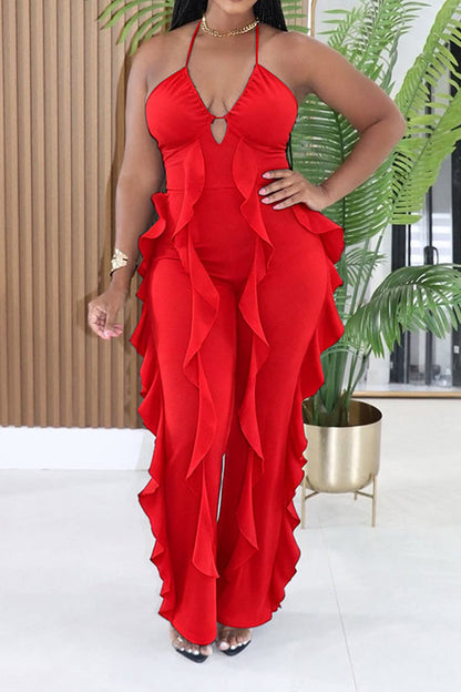 Ruffle-Trim Halter Wide-Leg Jumpsuit