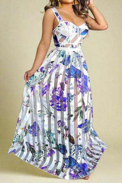 Floral Print Sheer Mesh Maxi Dress