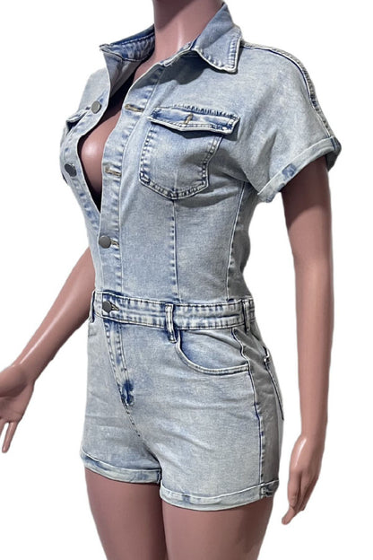 Short Sleeve Rigid Denim Romper