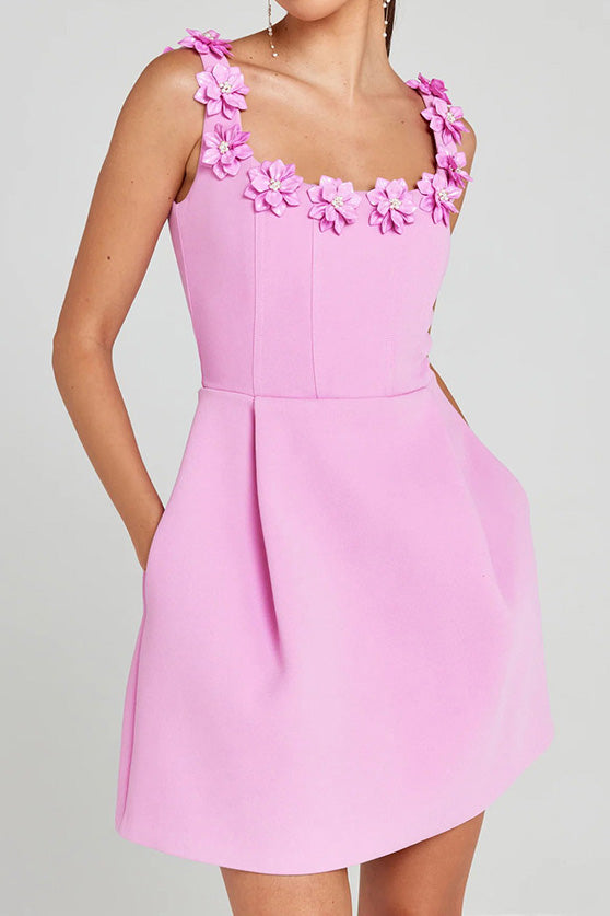 Square Collar Flower Bandage Mini Dress