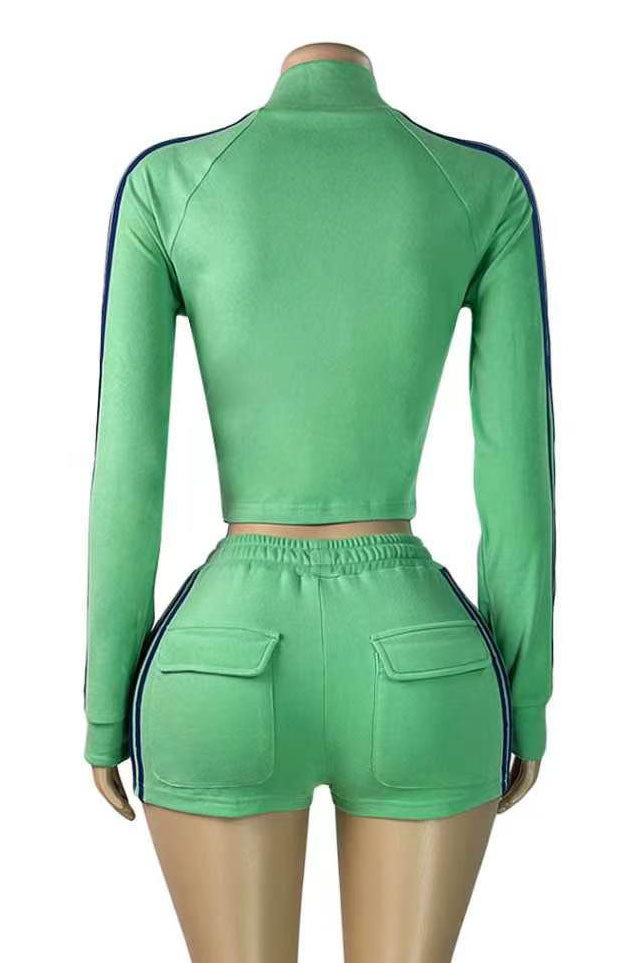 Sporty Striped Zip-Up Shorts Set