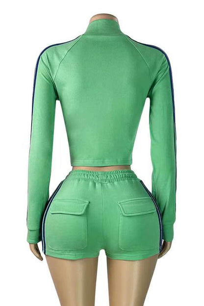 Sporty Striped Zip-Up Shorts Set