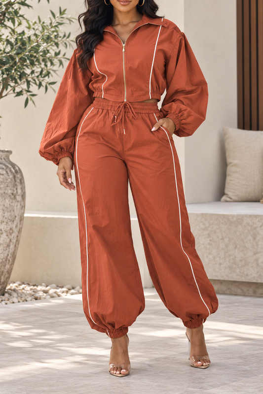 Contrast Piping Zip Jacket Jogger Pants Set