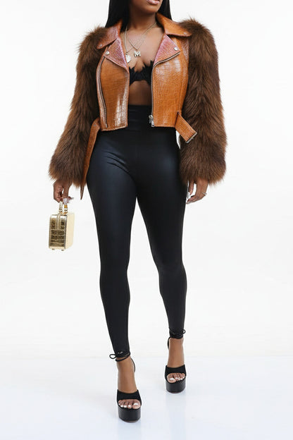 Faux Fur Trim Faux Leather Jacket