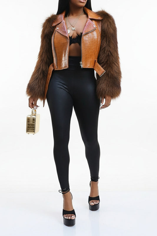 Faux Fur Trim Faux Leather Jacket