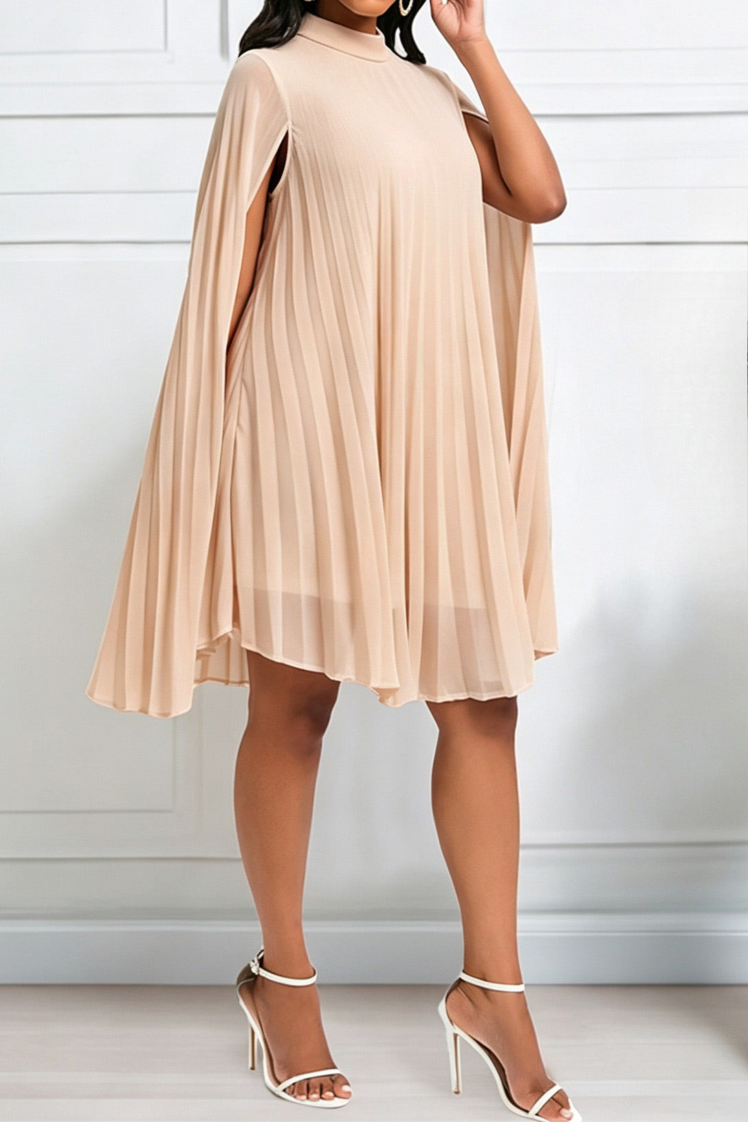 Pleated Cape Sleeve A Line Midi Dress