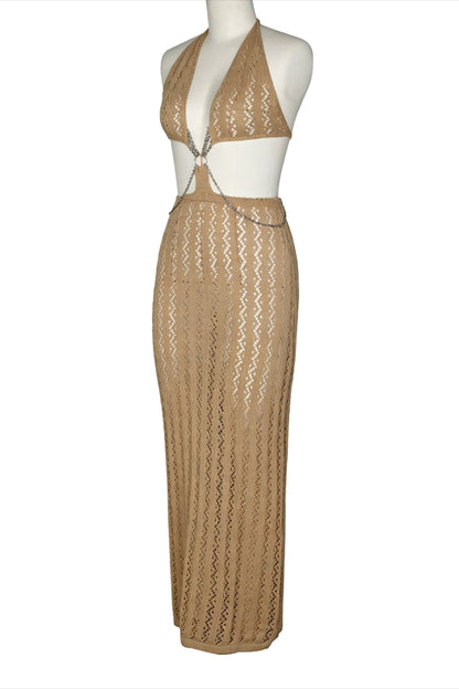 Chain-Linked Cutout Halter Crochet Maxi Dress